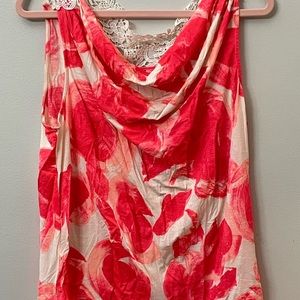 Lace Trim Floral Tank - Vivid Pink Pattern